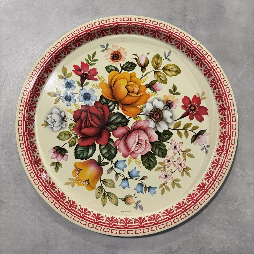 Vintage Metal Serving Tray By Elite Made In England Floral Roses 12.5"